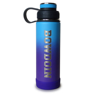 Blue to purple ombre water bottle with rubberized screw-on lid.