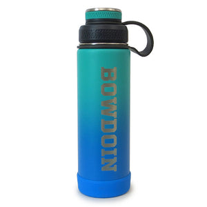 Turquoise to blue ombre water bottle with rubberized screw-on lid.