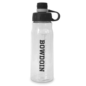 Clear water bottle with black lid and black vertical BOWDOIN imprint.