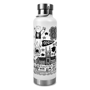 One side of water bottle showing the Polar Bear mascot, Go U Bears, the Bowdoin log dessert, Hubbard hall, and Schiller Coastal Studies, in grayscale drawings.