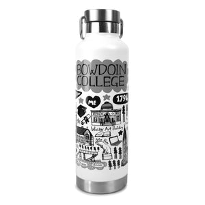White water bottle with wraparound drawings of campus icons.