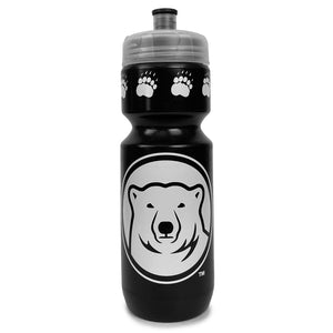 Black plastic water bottle with clear squeeze lid.  Large mascot medallion imprint with a line of white paws above.