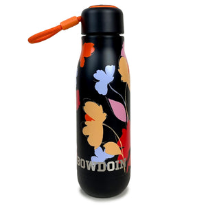 Black water bottle with black lid with orangerope loop handle. All over multicolor floral print, engraved stainless BOWDOIN near bottom of bottle.