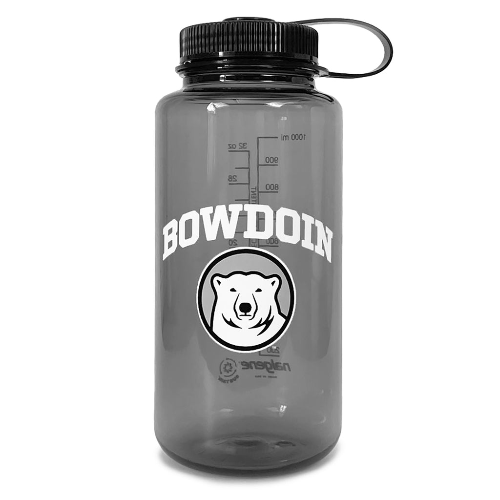 Clear smoke colored widemouth water bottle with white arched BOWDOIN over mascot medallion.