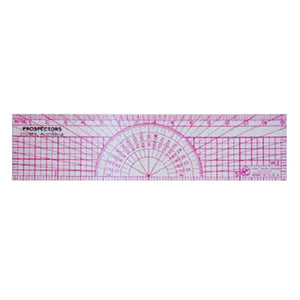 Clear ruler with pink protractor markings.