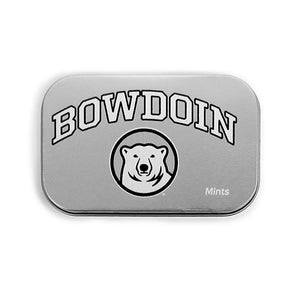 Metal tin of mints with BOWDOIN arched over mascot medallion imprint.