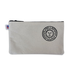 Canvas pencil case with black zippered top and Bowdoin sun seal on right side.