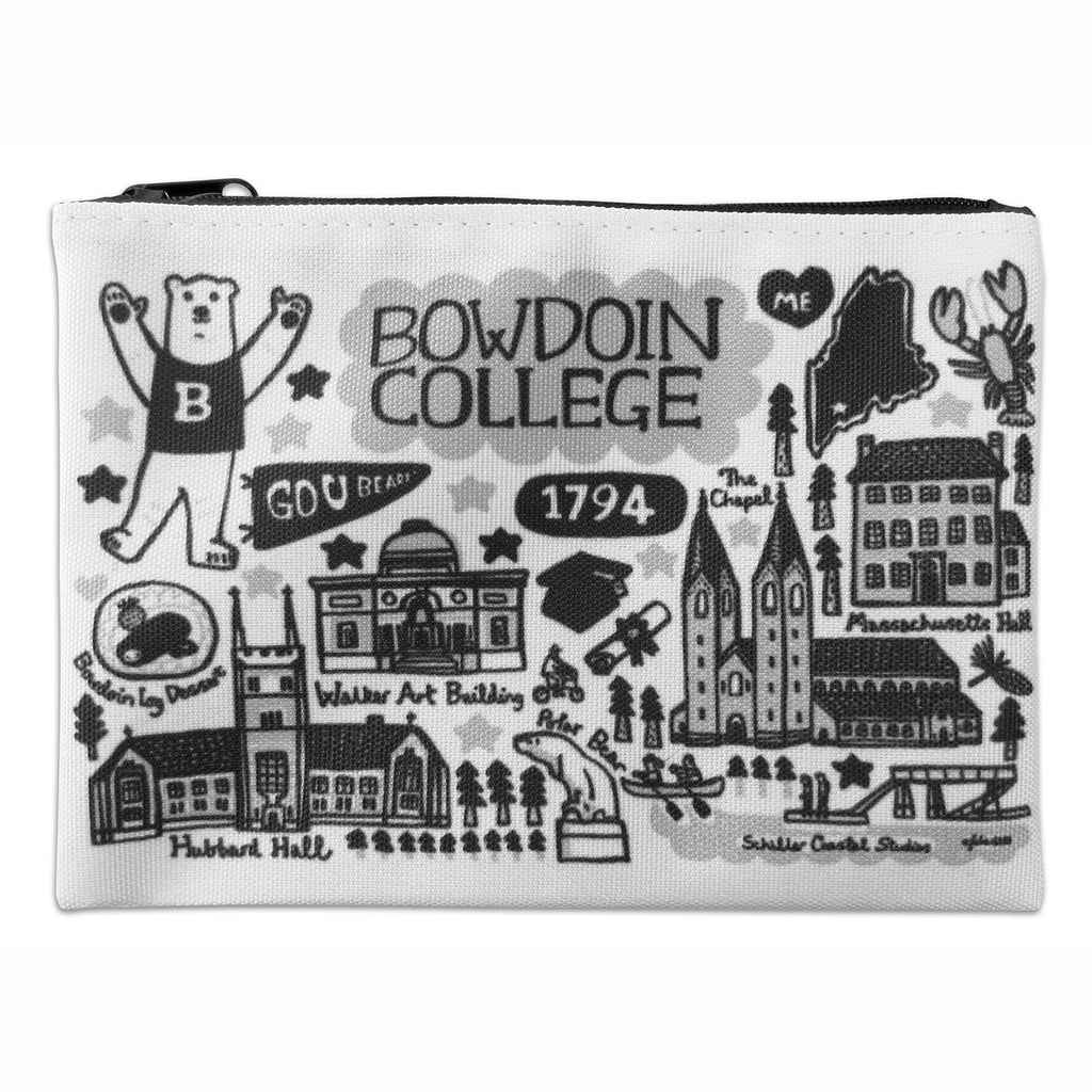 White zippered pouch with greyscale Bowdoin College iconography: Polar bear mascot, Bowdoin log dessert, Go U Bears, Walker Art, Hubbard hall, the Chapel, the Hyde plaza bear, Mass Hall, and Schiller Coastal Studies.