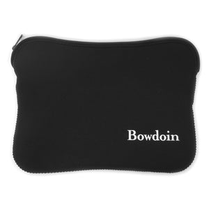 Black zippered laptop sleeve with white Bowdoin wordmark on lower right corner.