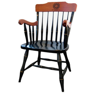 Painted black captain's chair with painted gold details and stained maple arms and backrest. Engraved with Bowdoin seal on backrest.