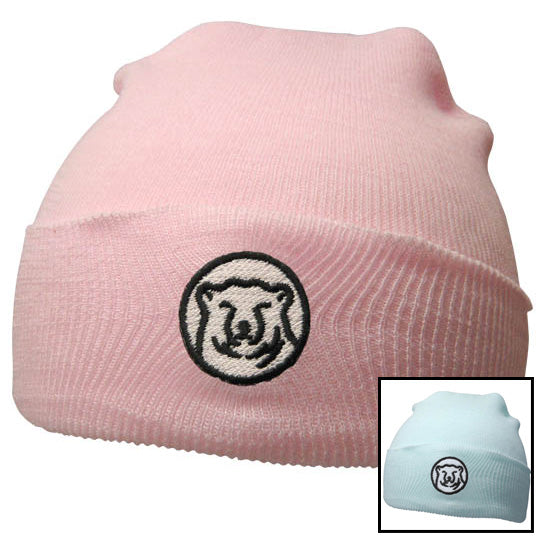 Montage of pink and blue baby hats.