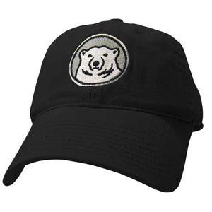 Youth black hat with embroidered Bowdoin mascot medallion on front.