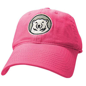 Youth hot pink hat with embroidered Bowdoin mascot medallion on front.