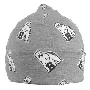 Heather grey infant warming cap with turned-up cuff and all-over polar bear mascot print.