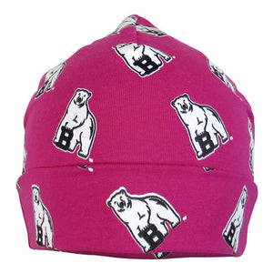 Fuchsia pink infant warming cap with turned-up cuff and all-over polar bear mascot print.