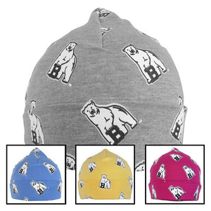 Montage of baby hats with all-over mascot print.