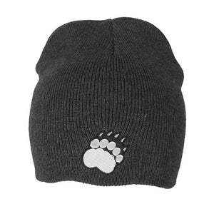 Charcoal youth beanie with white paw print patch near bottom.