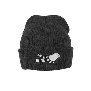 Charcoal grey toddler knit cuff beanie with embroidered smiling polar bear wearing a striped scarf on the cuff of the hat.