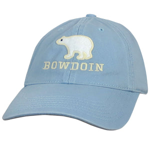 Baby blue hat with felt polar bear patch over embroidered BOWDOIN.
