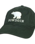 Dark green hat with felt polar bear patch over embroidered BOWDOIN.