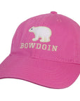 Bright pink hat with felt polar bear patch over embroidered BOWDOIN.