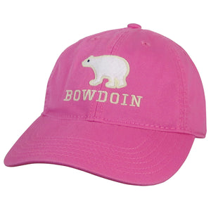 Bright pink hat with felt polar bear patch over embroidered BOWDOIN.