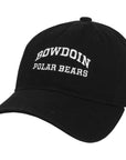 Black ball cap with white embroidery of BOWDOIN arched over POLAR BEARS