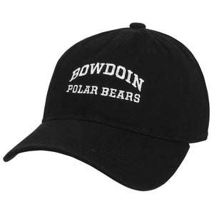 Black ball cap with white embroidery of BOWDOIN arched over POLAR BEARS