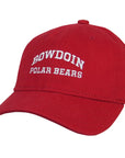 Red ball cap with white embroidery of BOWDOIN arched over POLAR BEARS