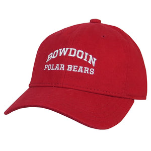 Red ball cap with white embroidery of BOWDOIN arched over POLAR BEARS