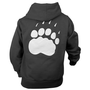 Back view of children's black hood showing large white paw print on back.