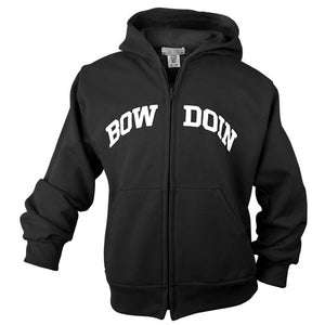 Front view of children's black full-zip hood with white arched BOWDOIN imprint across chest. BOW is on one side of the zipper, and DOIN is on the other.