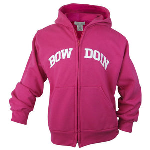 Front view of children's hot pink full-zip hood with white arched BOWDOIN imprint across chest. BOW is on one side of the zipper, and DOIN is on the other.