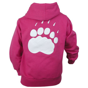 Back view of children's hot pink hood showing large white paw print on back.