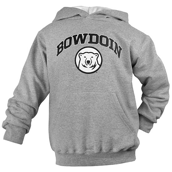 Children's heather grey pullover hood with black arched BOWDOIN over mascot medallion.