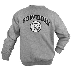 Children's heather grey pullover crew with black arched BOWDOIN over mascot medallion.
