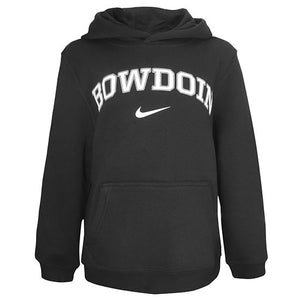 Children's black pullover hood with arched BOWDOIN in white with silver outline over white Nike Swoosh.