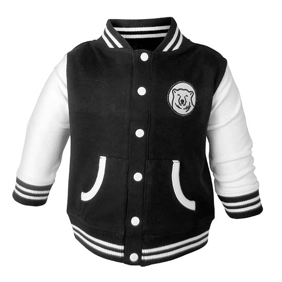 Toddler varsity-style jacket with striped cuffs, collar, and hem. White sleeves and white contrast trim on pockets, and white buttons. Polar bear medallion patch on left chest.