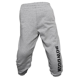 Children's oxford heather closed-cuff sweatpants with vertical BOWDOIN imprint in black on the lower left leg.