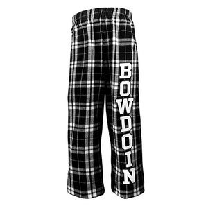 Black and white children's plaid flannel pants with BOWDOIN imprint down left leg.