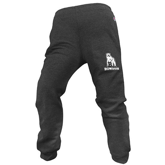 Charcoal heather fleece sweatpants with white imprint of polar bear mascot over BOWDOIN on left leg. Closed cuffs.