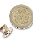 Engraved Bowdoin sun seal lapel pin in gold tone.