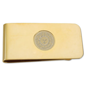 Gold tone money clip with engraved Bowdoin College seal.