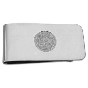 Silver tone money clip with engraved Bowdoin College seal.