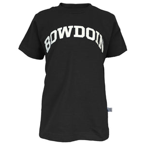 Children's black T-shirt with arched BOWDOIN imprint in white on the chest.