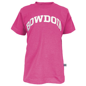 Children's fucshia pink T-shirt with arched BOWDOIN imprint in white on the chest.