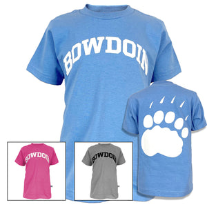 Montage of blue, pink, and oxford Bowdoin T-shirts with a shot of the back of the blue T-shirt showing a large paw print.