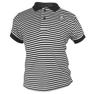 Children's polo shirt with black and white stripes, black collar and cuffs, and embroidered polar bear medallion on left chest.