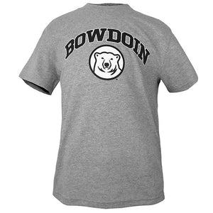 Heather grey children's short sleeved T-shirt with chest imprint of arched BOWDOIN in black with white stroke outline over black and white polar bear medallion.