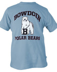 Light blue short-sleeved T-shirt with chest imprint of black arched BOWDOIN over polar bear mascot over black POLAR BEARS.